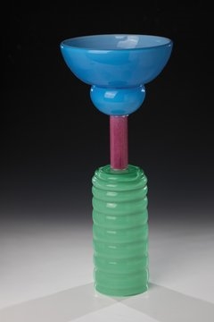 Artwork by Peter Shire, Untitled, Made of Colourless, Partly Rib-Optically Blown Glass With Blue, Green, Magenta And Opaque White Underlay