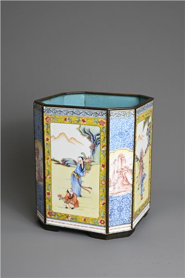 A CHINESE PAINTED ENAMEL ON COPPER BRUSH POT