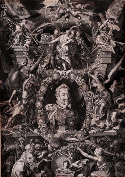 A dense allegorical print featuring a central portrait surrounded by mythological figures, animals, and symbolic objects.