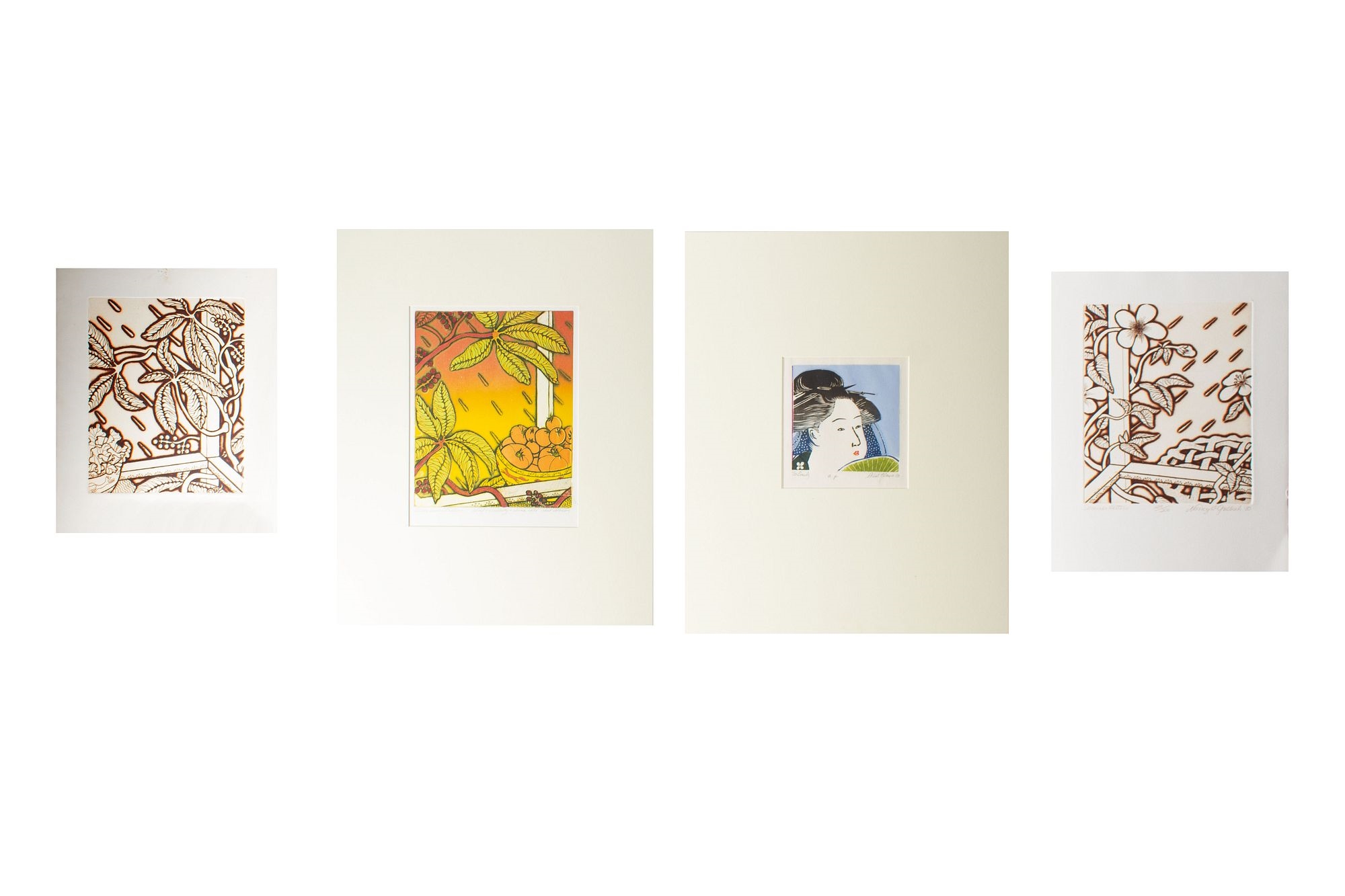 Artwork by Nancy Griebsch, Summer Letters; A vine and bowl of lettice; A bowl of oranges; A Japanese inspired figure, Made of Prints