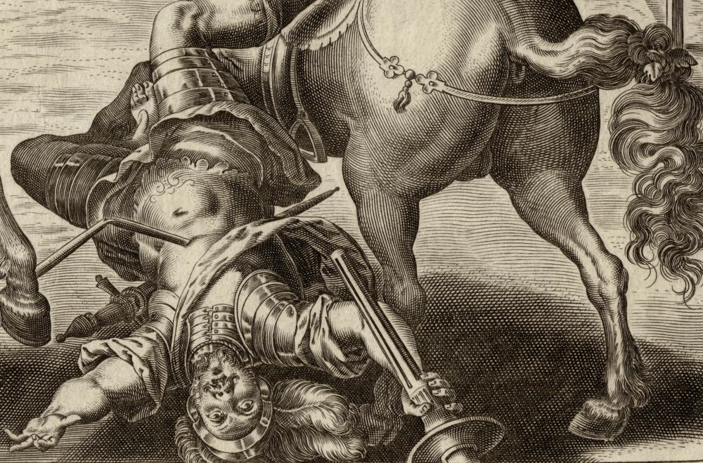 Artwork by Hendrick Goltzius, Giovanni De Medici in duel, Made of Engraving