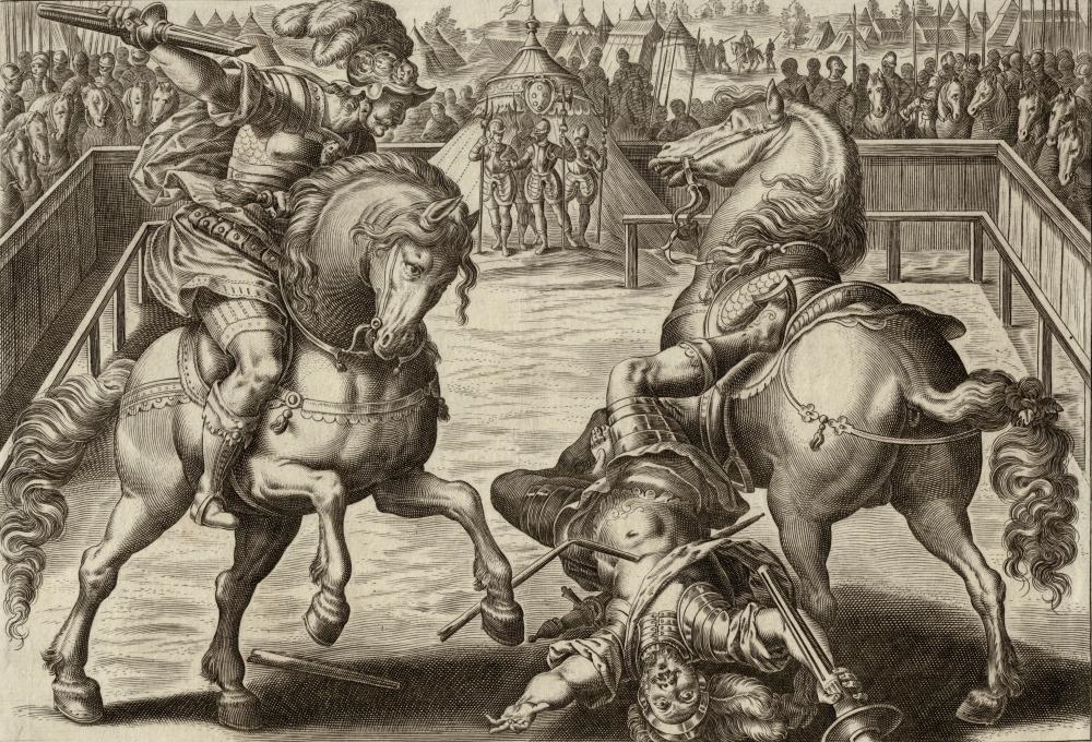 Artwork by Hendrick Goltzius, Giovanni De Medici in duel, Made of Engraving