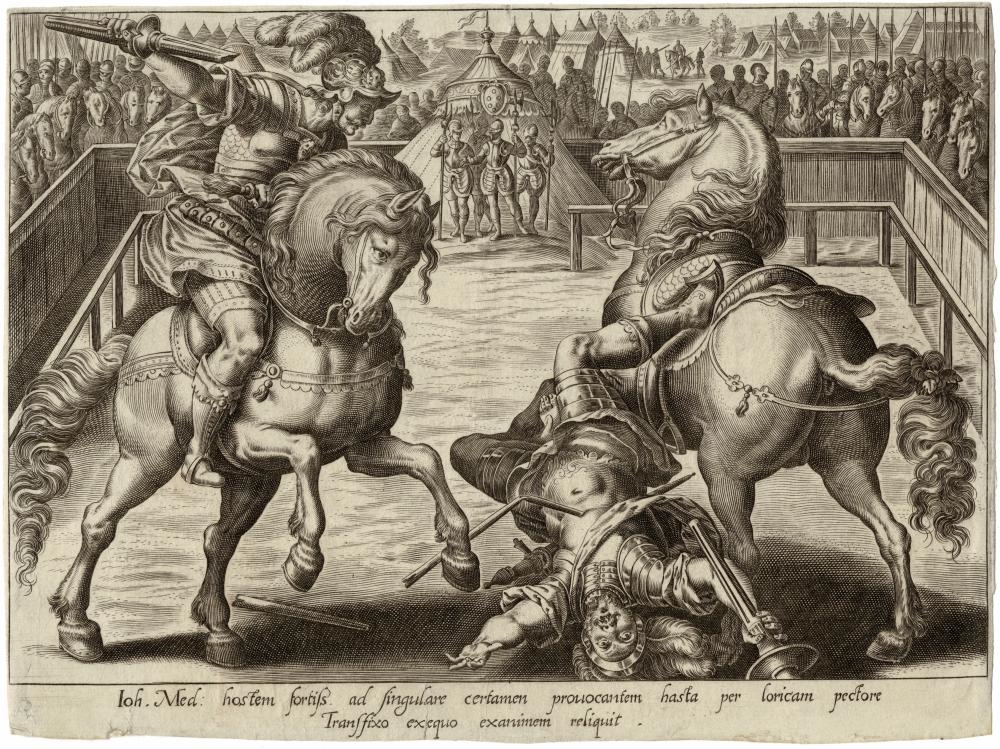 Artwork by Hendrick Goltzius, Giovanni De Medici in duel, Made of Engraving