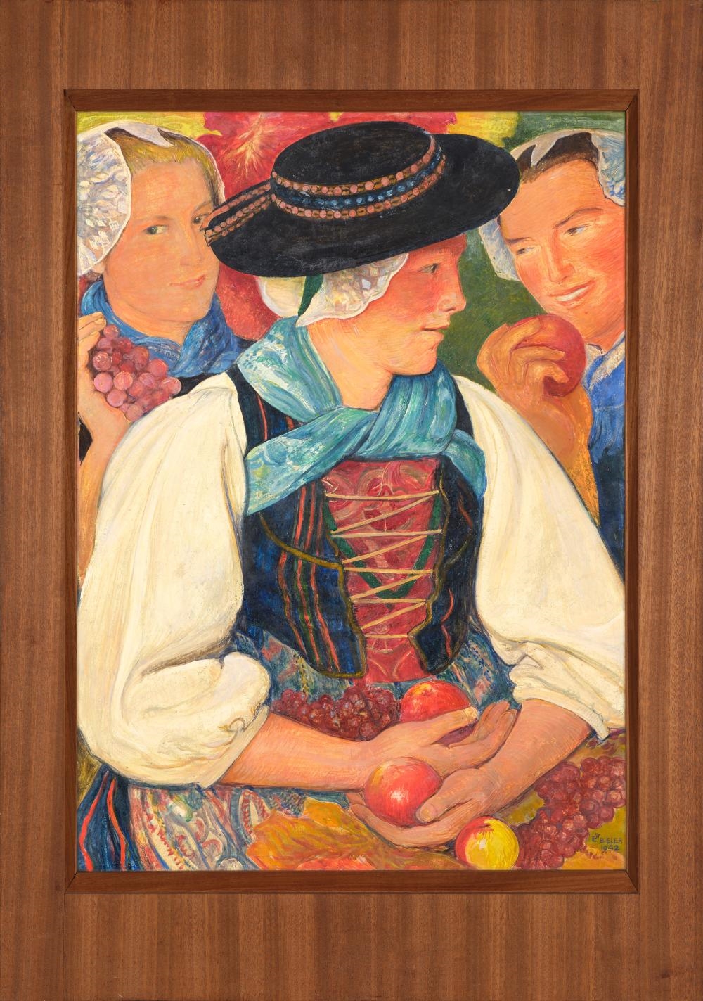 Artwork by Ernest Biéler, Trois Evolénardes avec des fruits, Made of Tempera Auf Malplatte