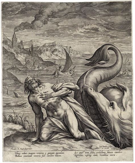 Jonah spat up by the Whale by Jan Sadeler I, ca 1582-1600