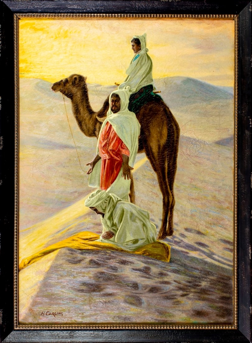 Artwork by Henry Carling, Desert Scene with Camel and Bedouins, Made of Oil On Canvas