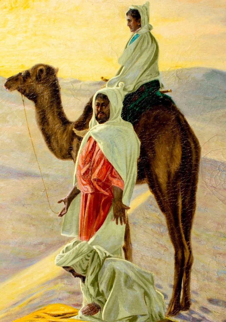 Artwork by Henry Carling, Desert Scene with Camel and Bedouins, Made of Oil On Canvas