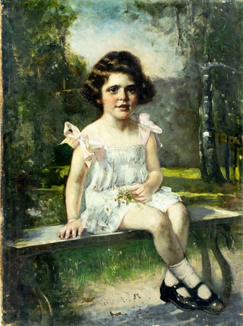 Artwork by Bernhard Zickendraht, Girl with Flowers on the Bench, Made of Oil On Board