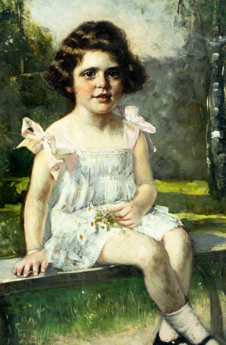 Artwork by Bernhard Zickendraht, Girl with Flowers on the Bench, Made of Oil On Board