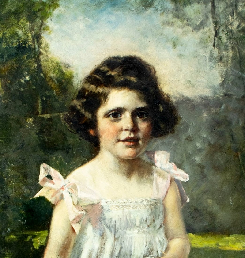 Artwork by Bernhard Zickendraht, Girl with Flowers on the Bench, Made of Oil On Board