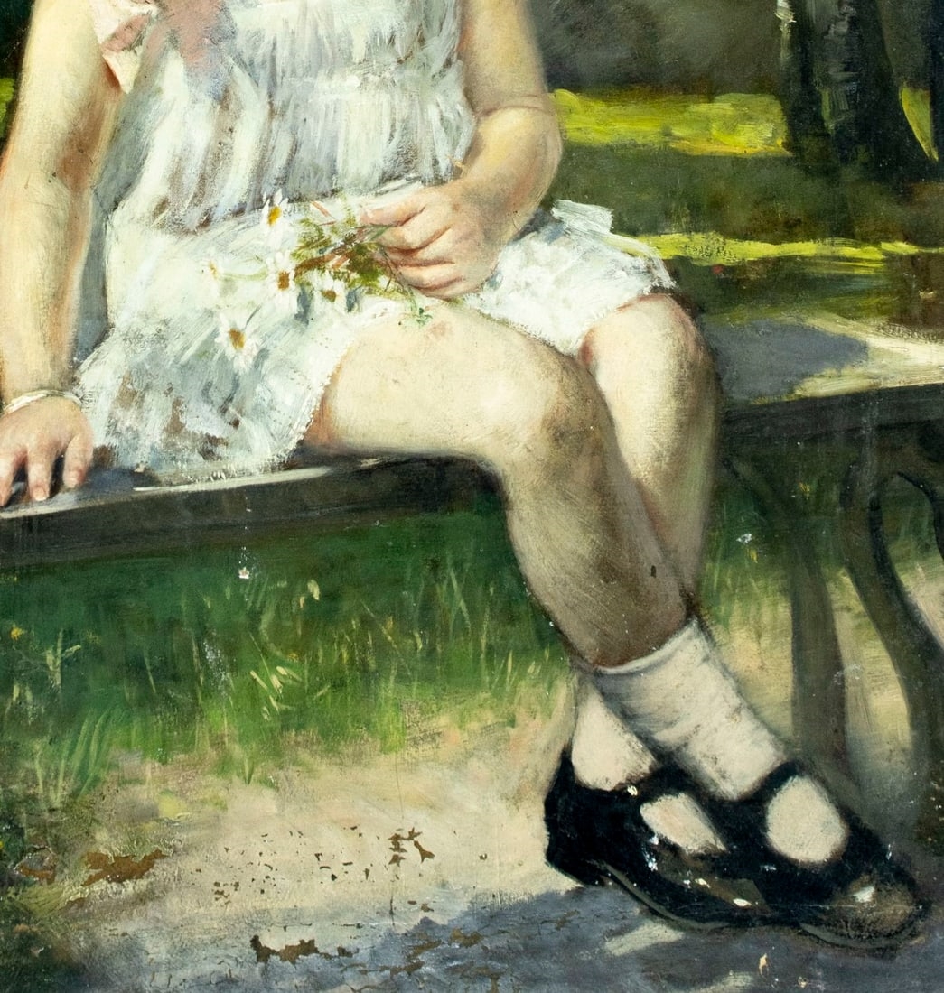 Artwork by Bernhard Zickendraht, Girl with Flowers on the Bench, Made of Oil On Board