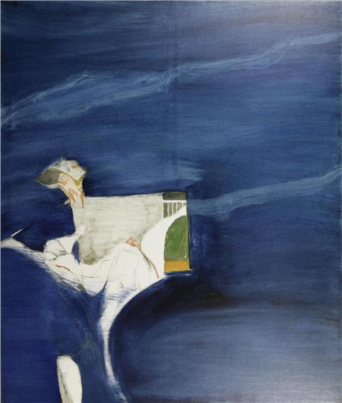 A figure in white against a deep blue background, reaching toward a small green and yellow square.