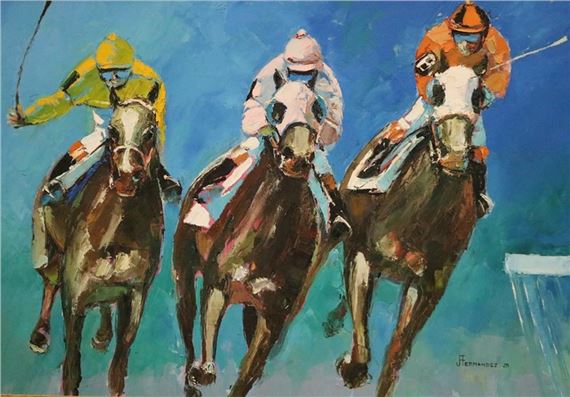 A dynamic painting of three jockeys racing their horses against a vivid blue background.