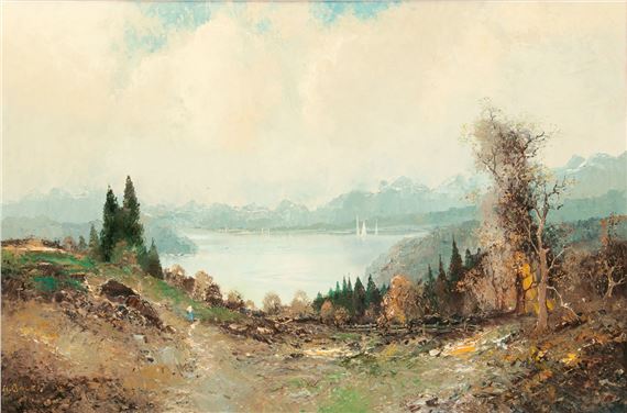 Willi Bauer | Landscape with Lake And Figures (1960) | MutualArt