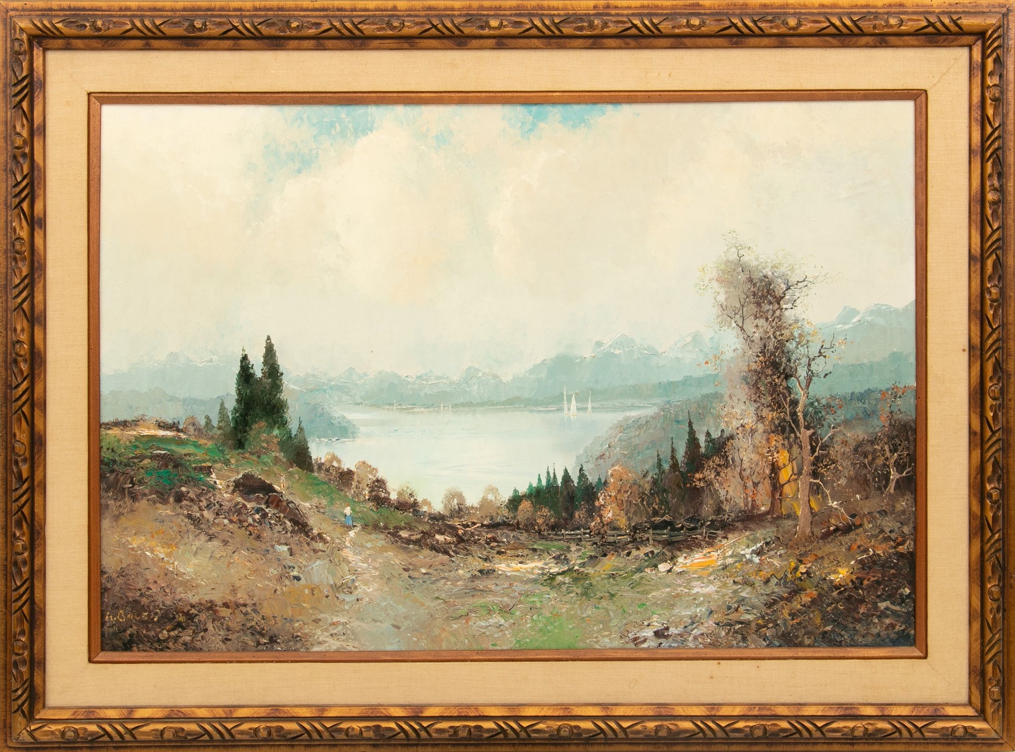 Willi Bauer | Landscape with Lake And Figures (1960) | MutualArt