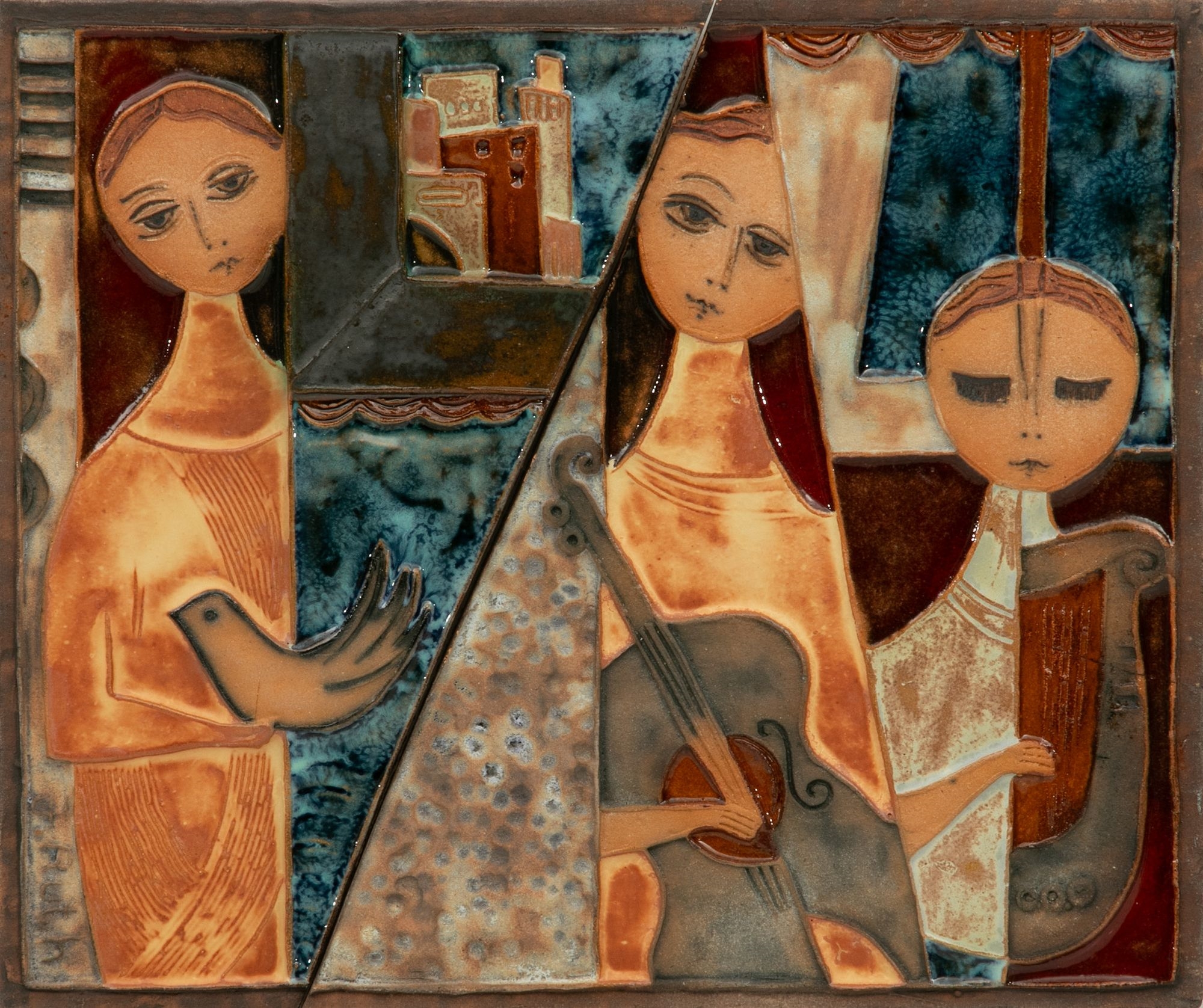 Artwork by J. Ruth, Three Figures, Made of Mixed Media With Tile
