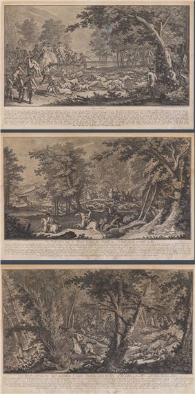 A triptych of classical etchings depicting pastoral scenes with figures, animals, and trees.