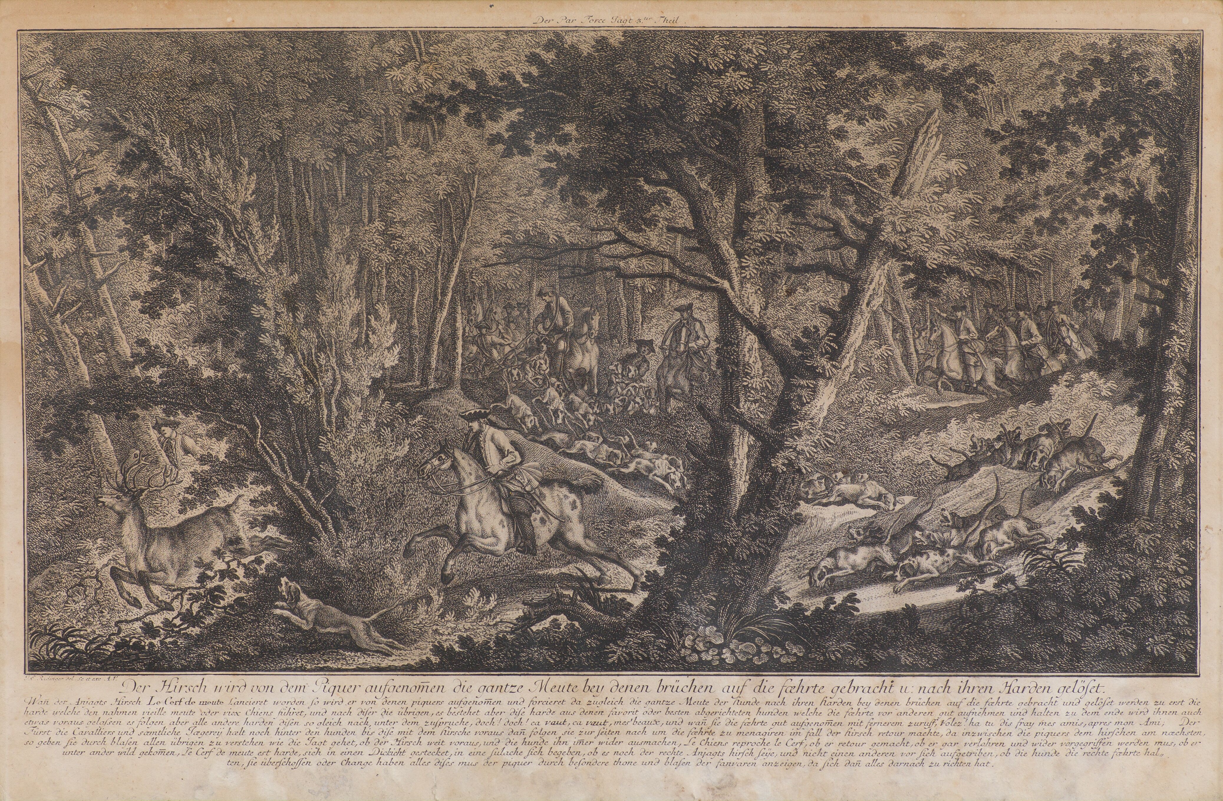 A triptych of classical etchings depicting pastoral scenes with figures, animals, and trees.