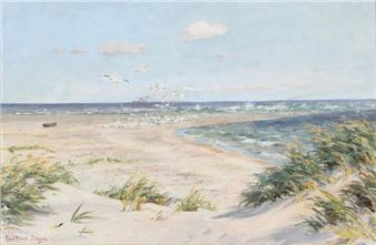 A view from Skagen with seagulls on the beach - Emil Carl Lund