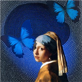 A portrait of a figure with a pearl earring and headscarf, set against a blue background filled with white dots and large blue butterflies.