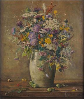 A rustic still life of wildflowers overflowing from a ceramic jug on a wooden surface.