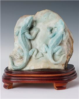 Chinese Carved Amazonite Crystal Lizards Sculpture - Ramu Ramdev