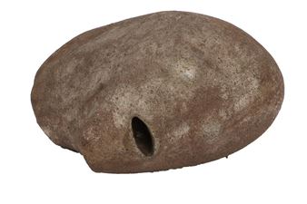 A smooth, brown, egg-shaped sculpture with a small hole near the bottom.