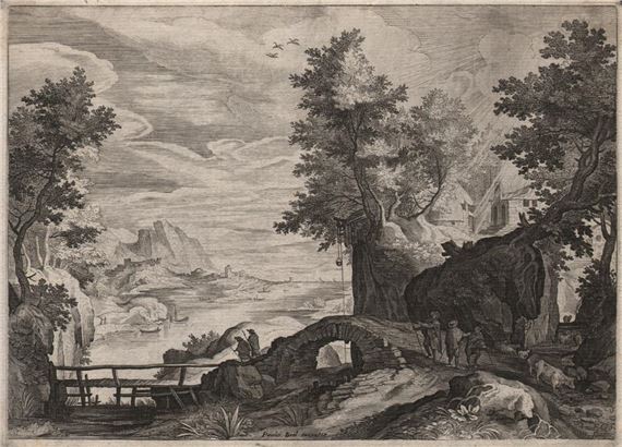 Riverscape with a stone bridge that leads onto a wooden bridge by Aegidius Sadeler II, circa 1590-1620