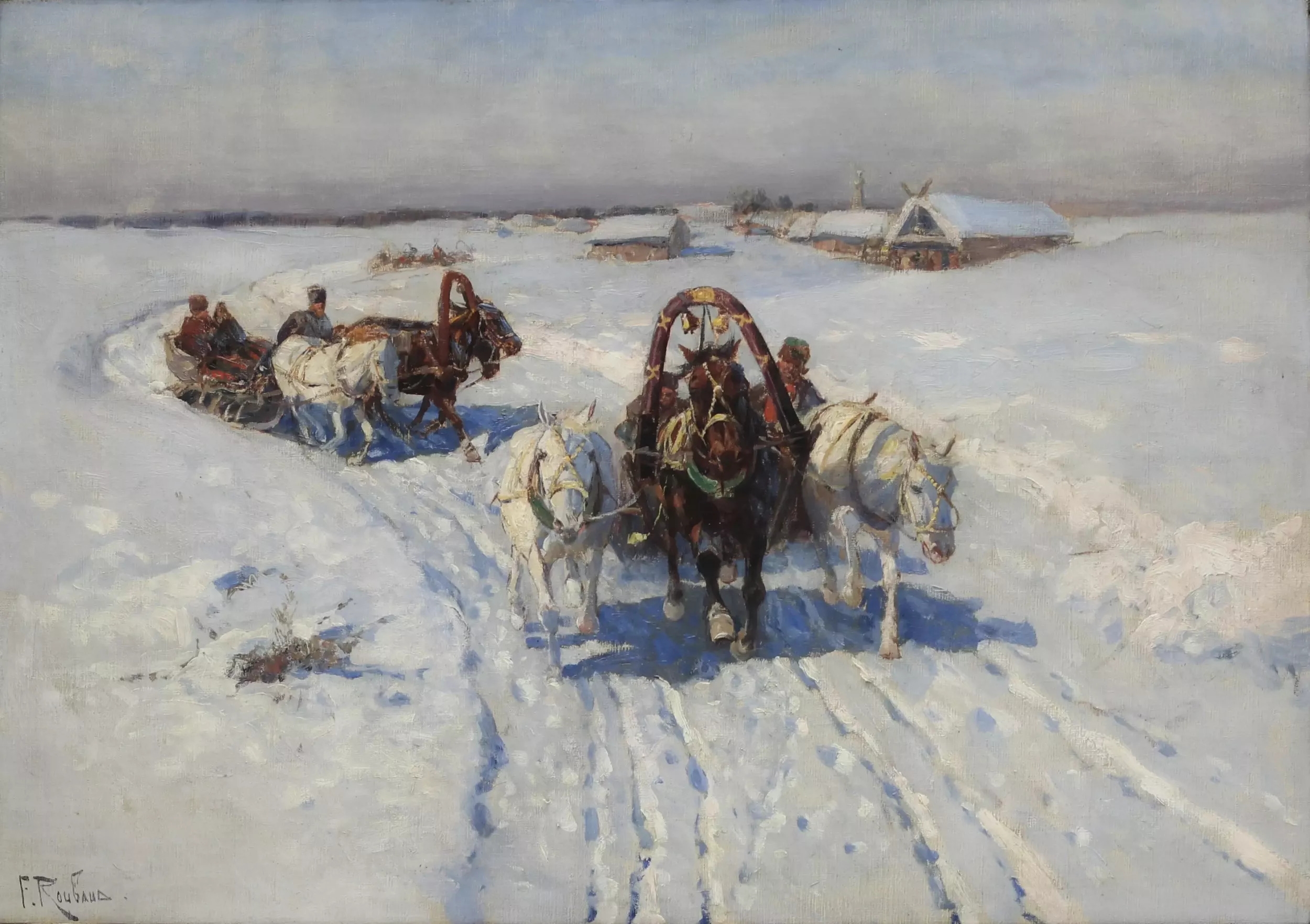 Artwork by Frants Alekseevich Rubo, Peasant Troikas in Winter, Made of Oil On Canvas
