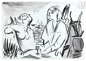 Deux femmes buvant un apéritif devant la mer avec des voiliers - Jacques Henri Guyot