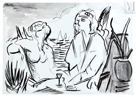 Deux femmes buvant un apéritif devant la mer avec des voiliers by Jacques Henri Guyot