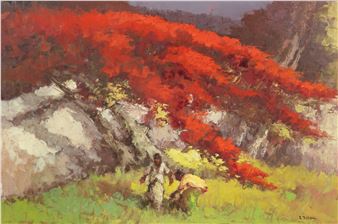 depiction of a blooming red tree having figures working below - Lucien Frits Ohl