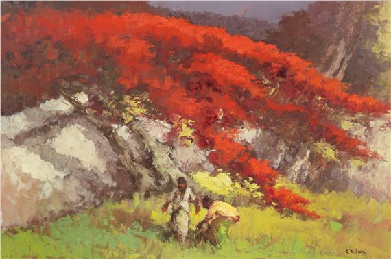 depiction of a blooming red tree having figures working below - Lucien Frits Ohl