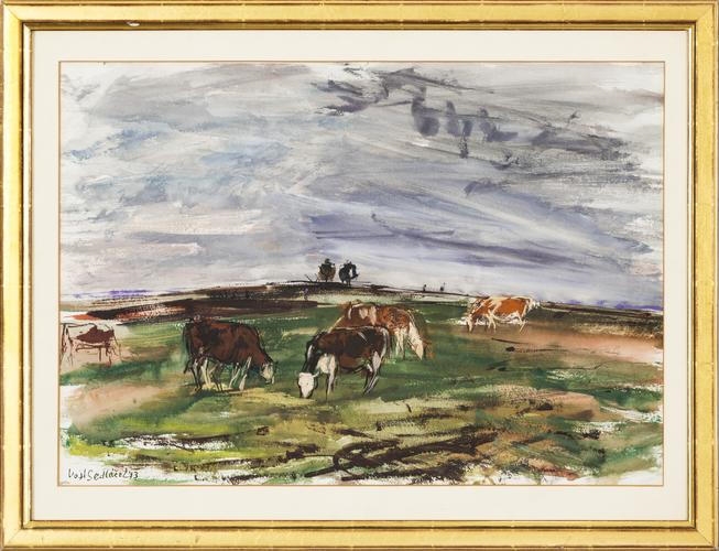 Artwork by Vojtěch Sedláček, Grazing herd near Pěčín, Made of Ink, white, watercolor