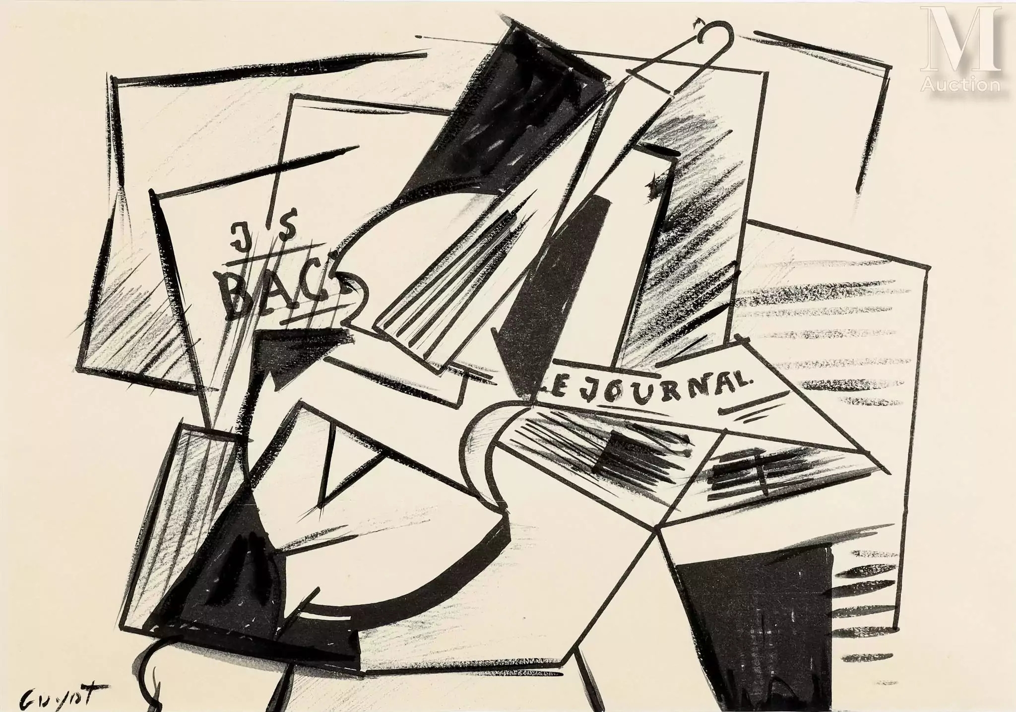 Artwork by Jacques Henri Guyot, Composition cubiste au journal et à la guitare, Made of Dessin À L'Aquarelle Sur Papier