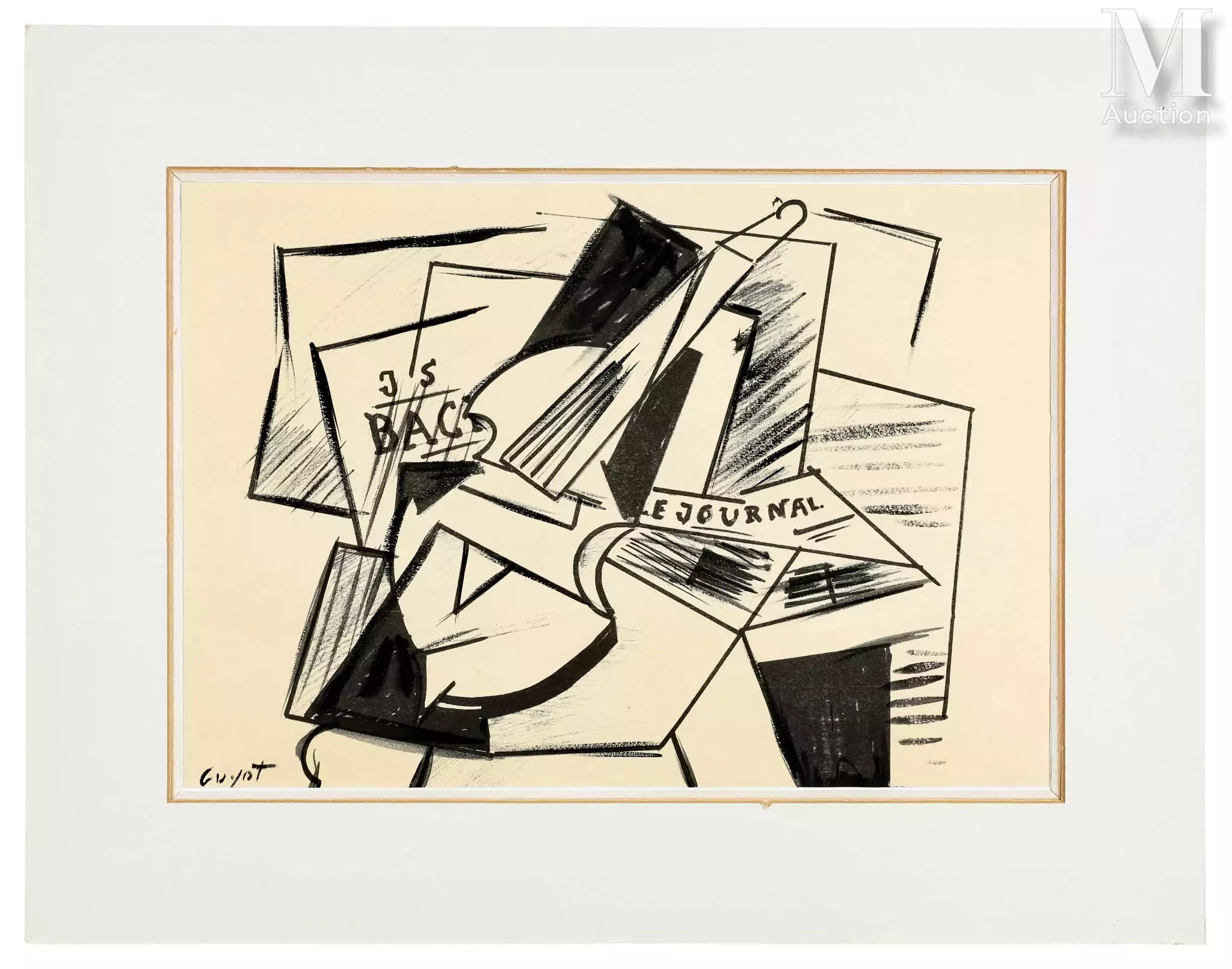 Artwork by Jacques Henri Guyot, Composition cubiste au journal et à la guitare, Made of Dessin À L'Aquarelle Sur Papier