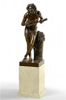 A bronze sculpture of a figure playing a stringed instrument, standing beside a decorative urn on a marble base.