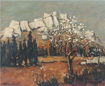 A landscape painting featuring a flowering tree in the foreground with a rocky mountain range in the background.