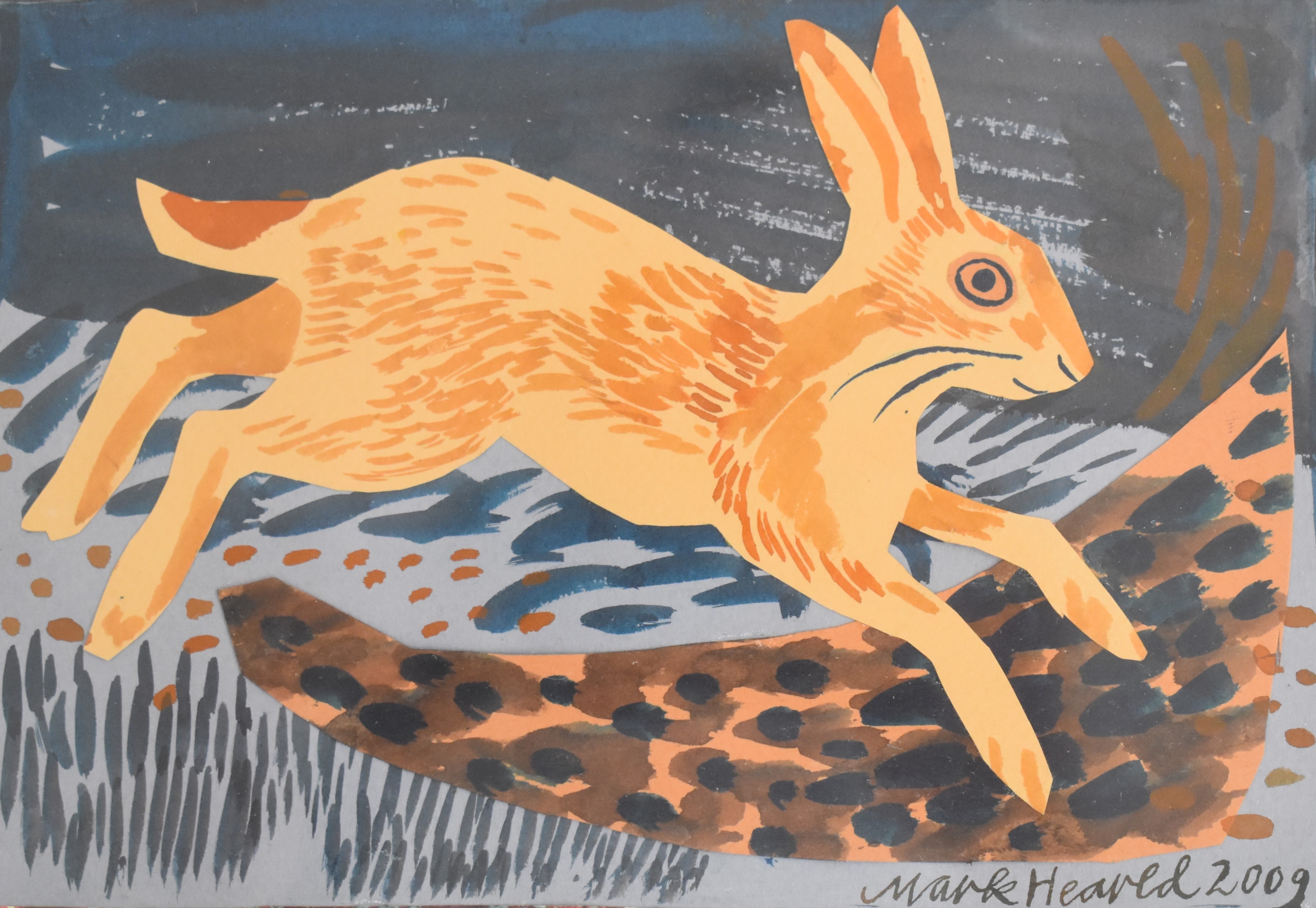 Mark Hearld | mixed media collage of a running hare (2009) | MutualArt