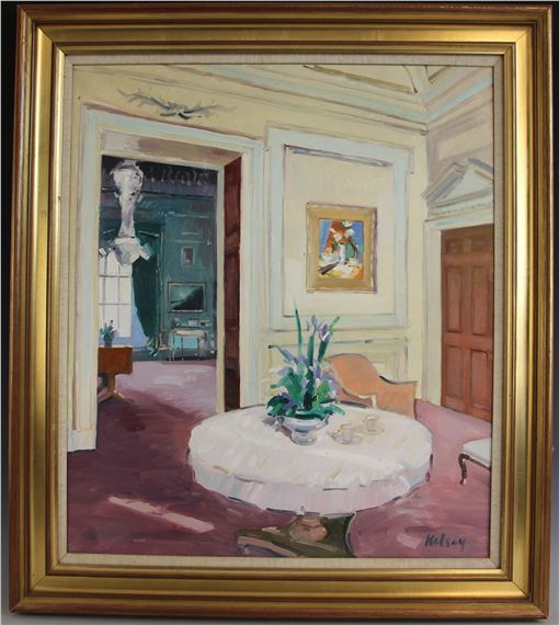 An interior scene with table and flowers - Robert Kelsey