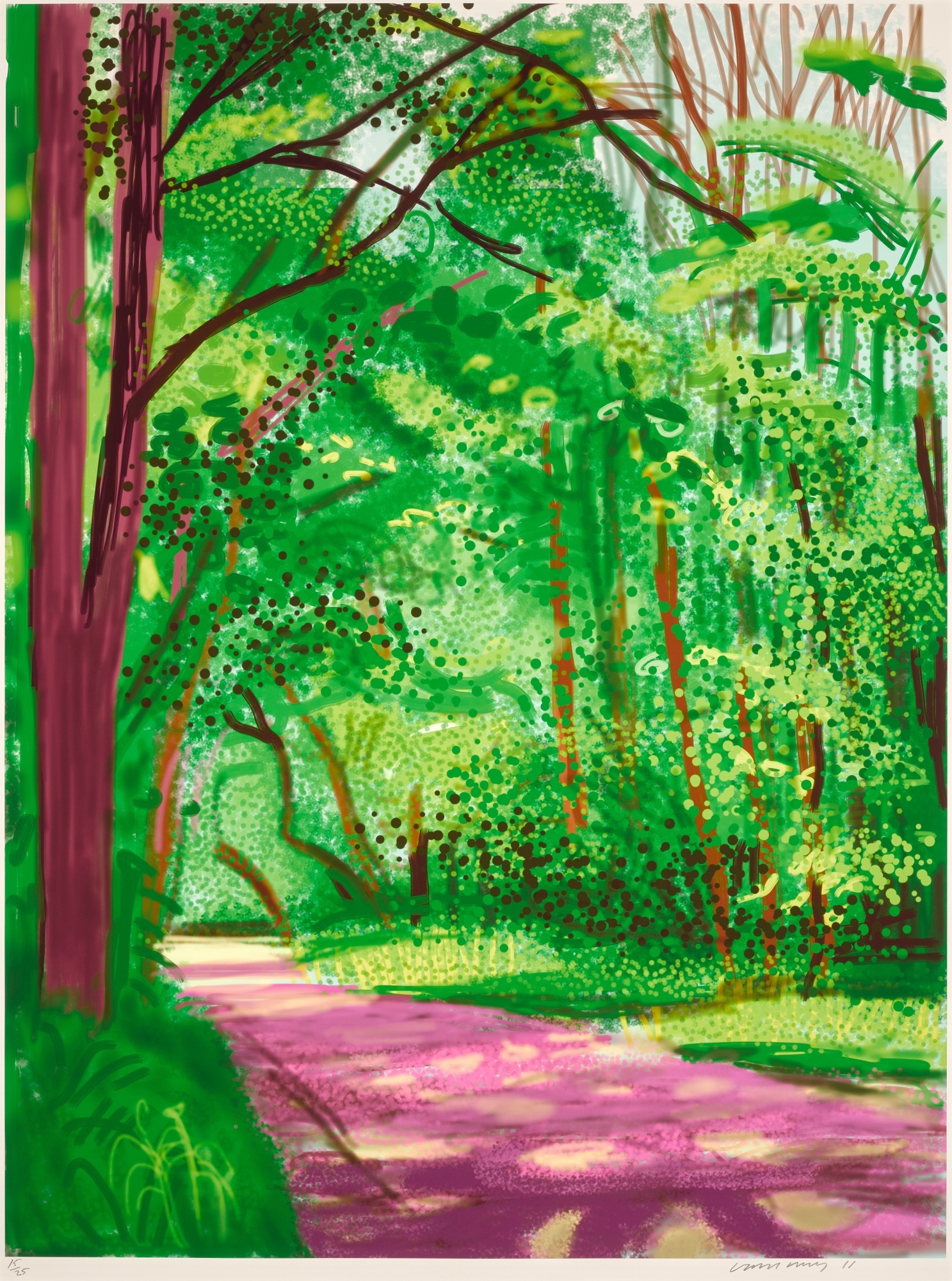 Artwork by David Hockney, The Arrival of Spring in Woldgate, East Yorkshire in 2011 (twenty eleven) - 28 April, Made of iPad drawing printed in colours