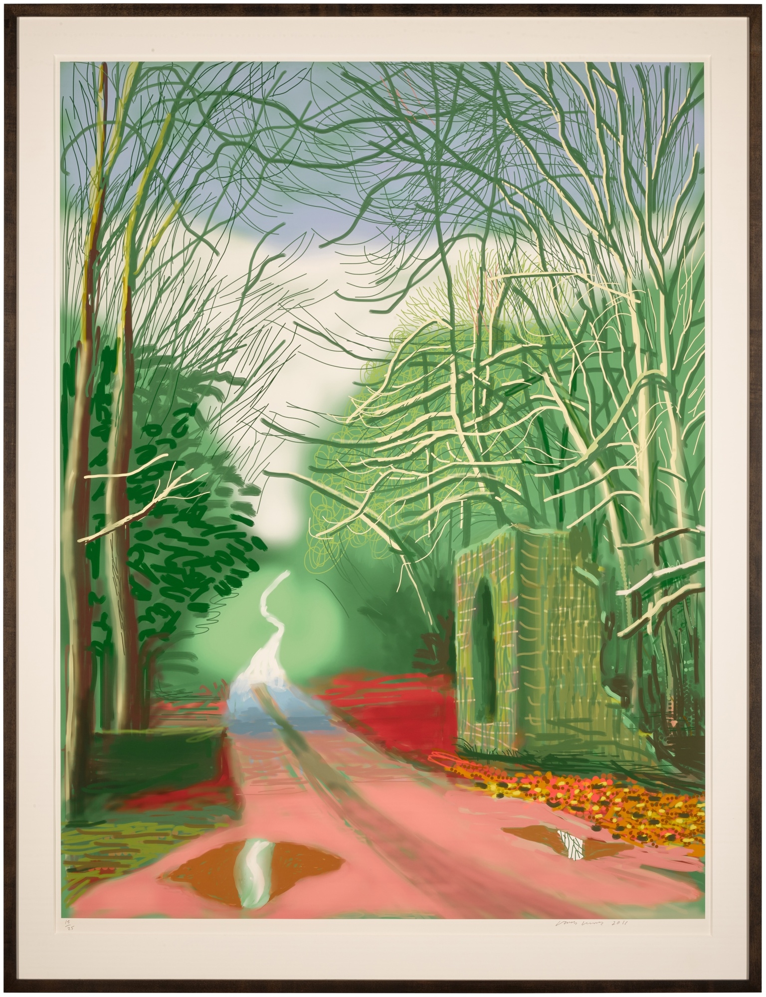 Artwork by David Hockney, The Arrival of Spring in Woldgate, East Yorkshire in 2011 (twenty eleven) - 19 February, Made of iPad drawing printed in colours