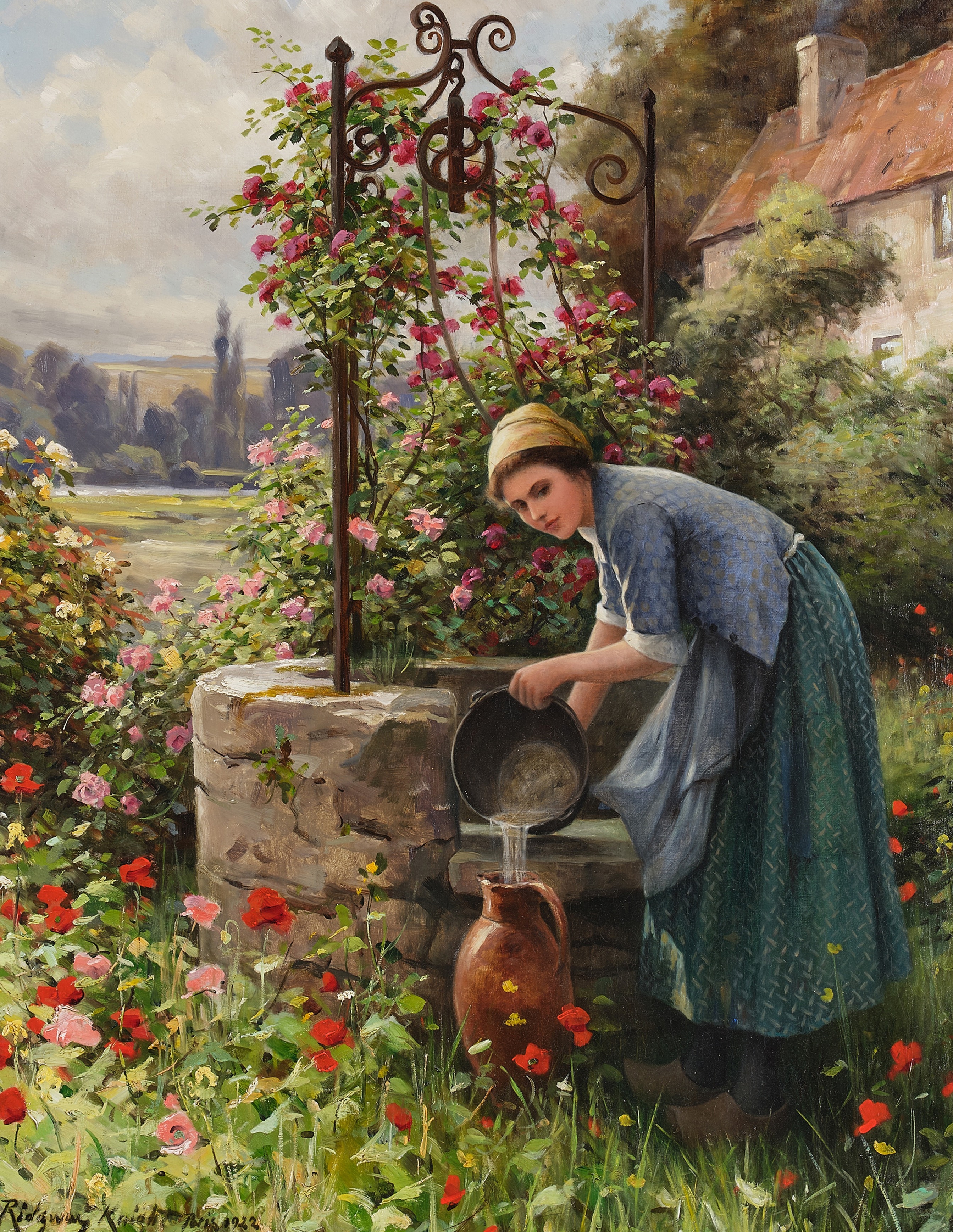 Artwork by Daniel Ridgway Knight, At the Garden Well, Paris, Made of oil on canvas