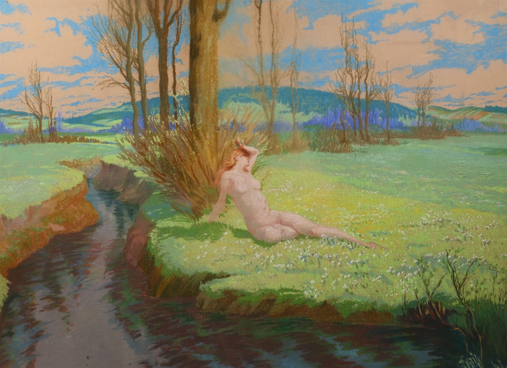 Artwork by Viktor Kutzer, Nahá dívka u řeky, Made of Pastel