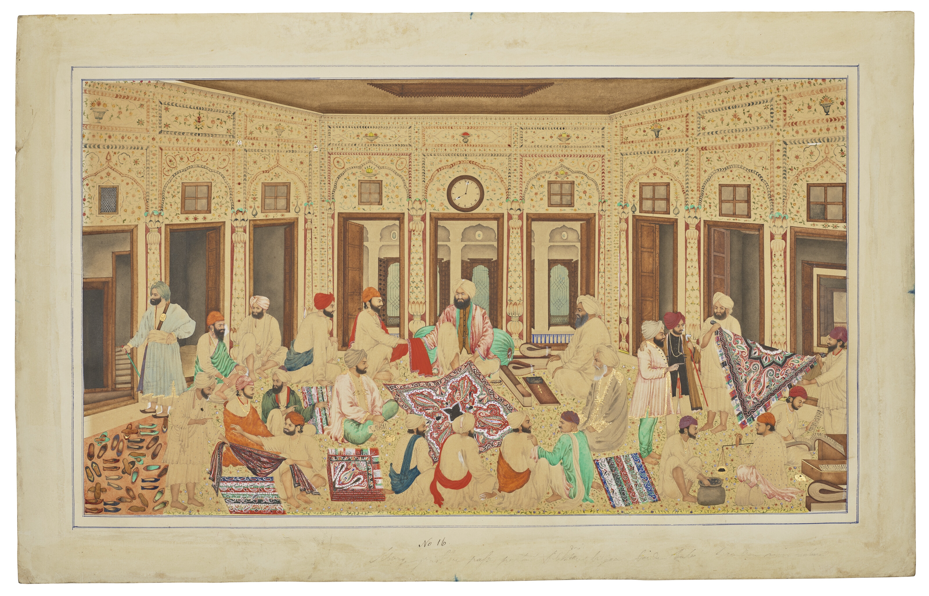 Artwork by Bishan Singh, Amritsar School, 19th Century, TRADERS EVALUATING SHAWLS IN THE HOUSE OF THE BROKER (MUQIM), Made of Translucent pigments heightened with gold on card, set within a pair of doubled blue rules, the white margins plain
