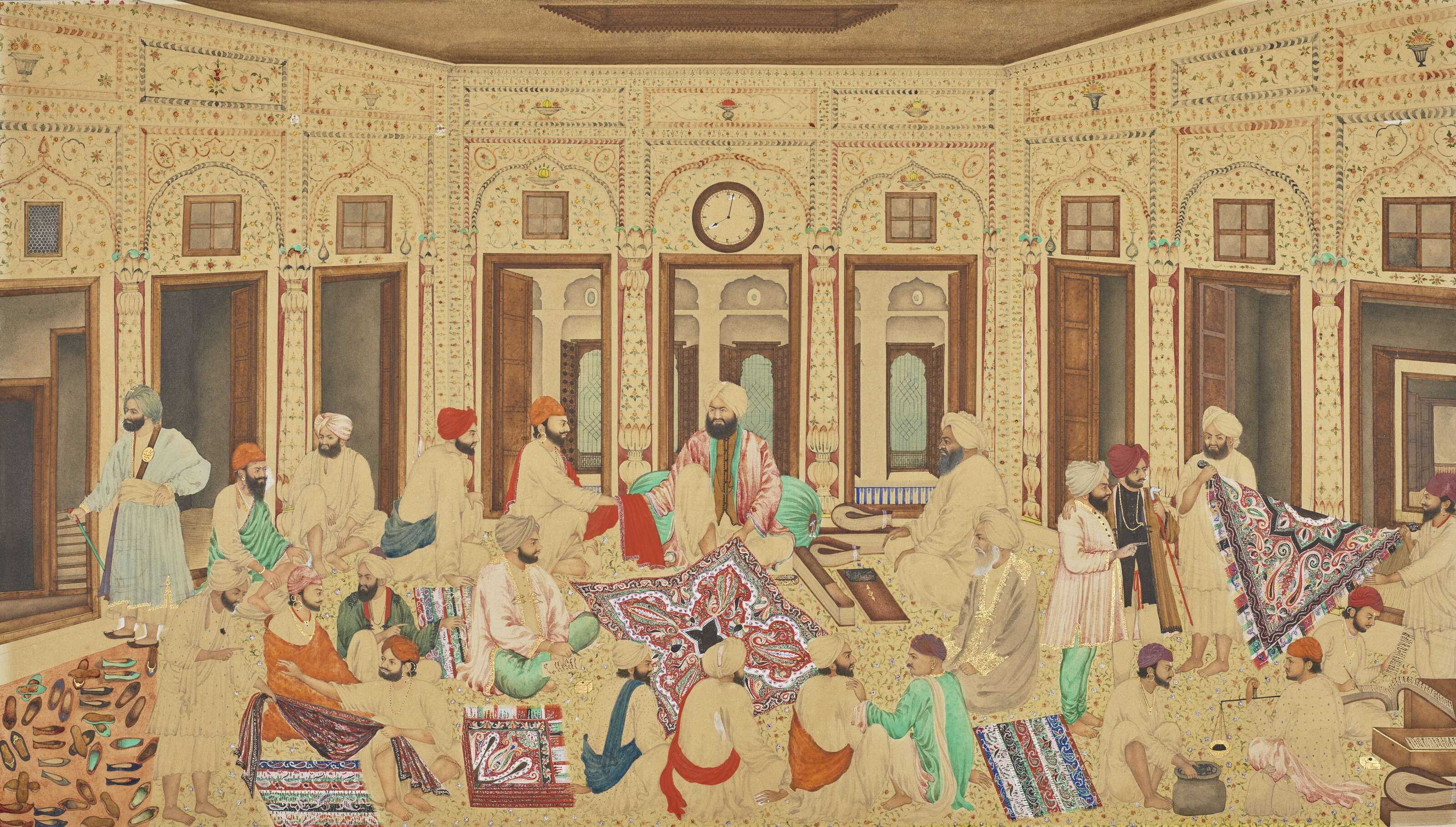 Artwork by Bishan Singh, Amritsar School, 19th Century, TRADERS EVALUATING SHAWLS IN THE HOUSE OF THE BROKER (MUQIM), Made of Translucent pigments heightened with gold on card, set within a pair of doubled blue rules, the white margins plain