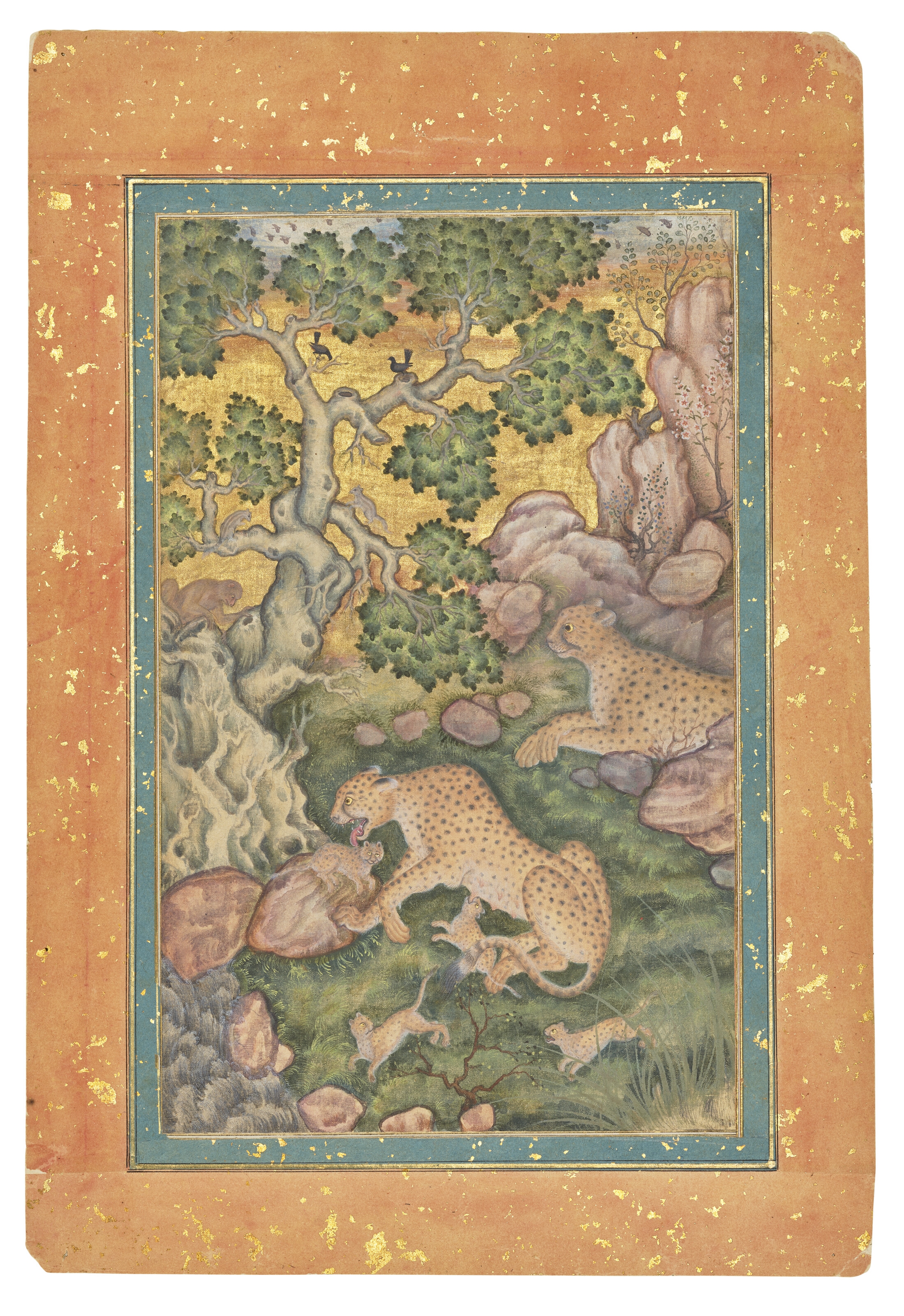 Artwork by Basawan, A FAMILY OF CHEETAHS IN A ROCKY LANDSCAPE, Made of Opaque pigments heightened with gold on cloth, laid down on gold-flecked blue borders