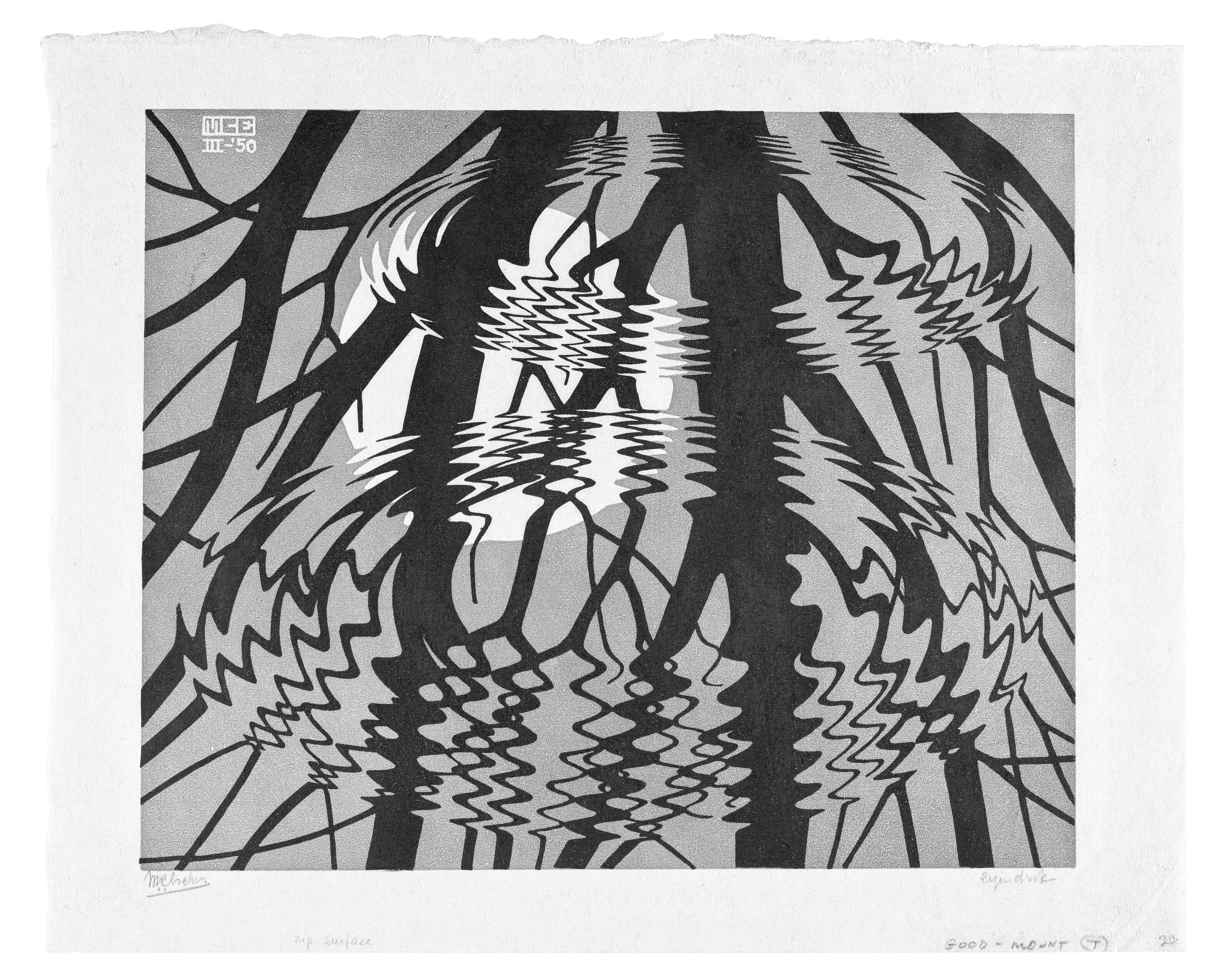 Artwork by Maurits Cornelis Escher, Rippled Surface, Made of woodcut and linocut in black and brown