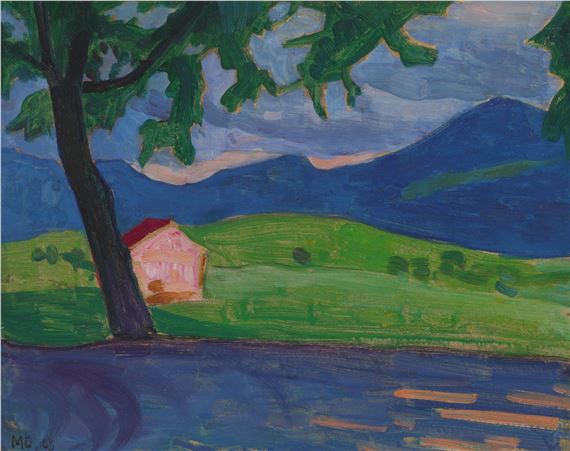 Vom Griesbräukeller. Wiese, Scheune, Berge - Gabriele Münter