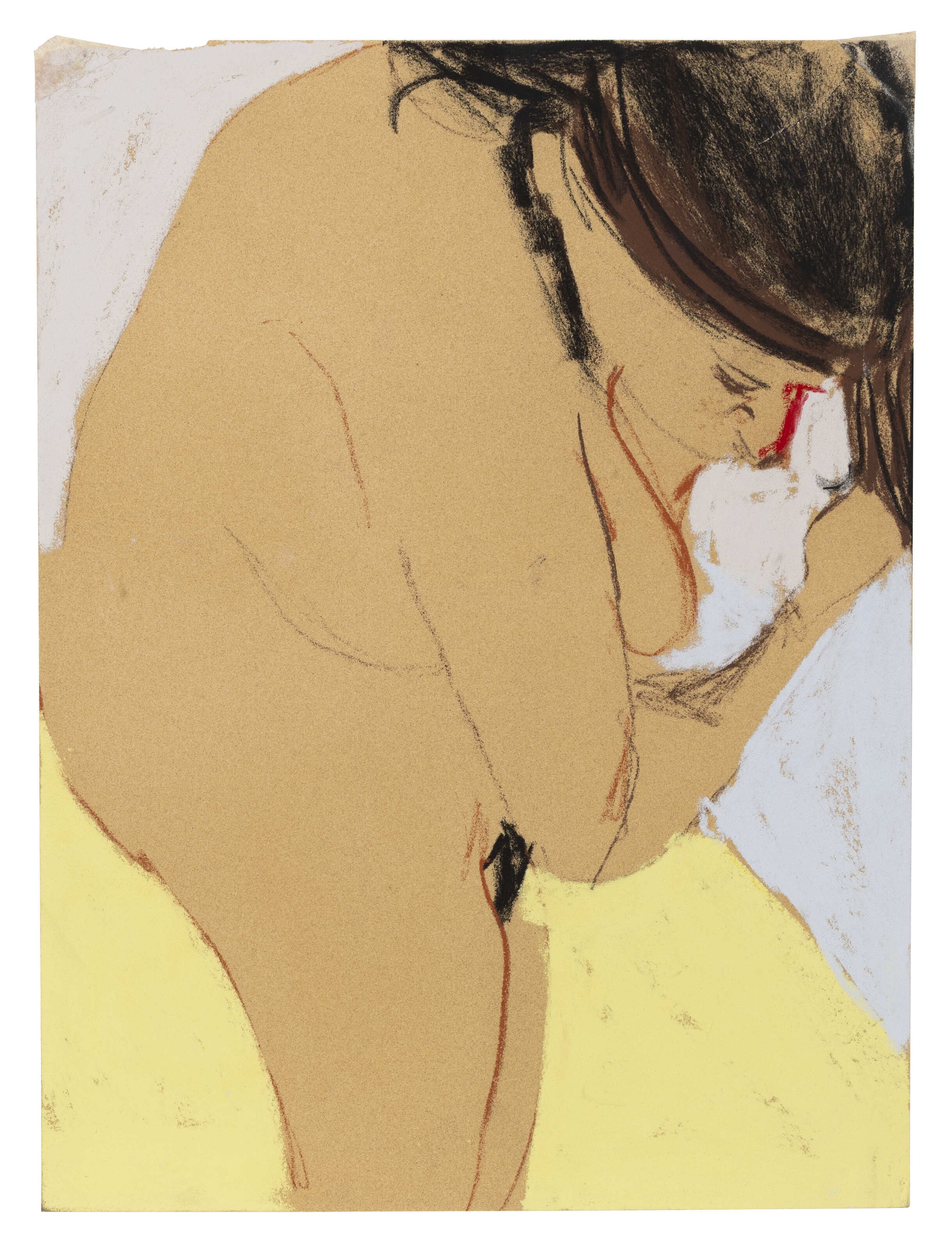 Artwork by Chantal Joffe, Self-Portrait on Yellow, Made of pastel and tape on paper